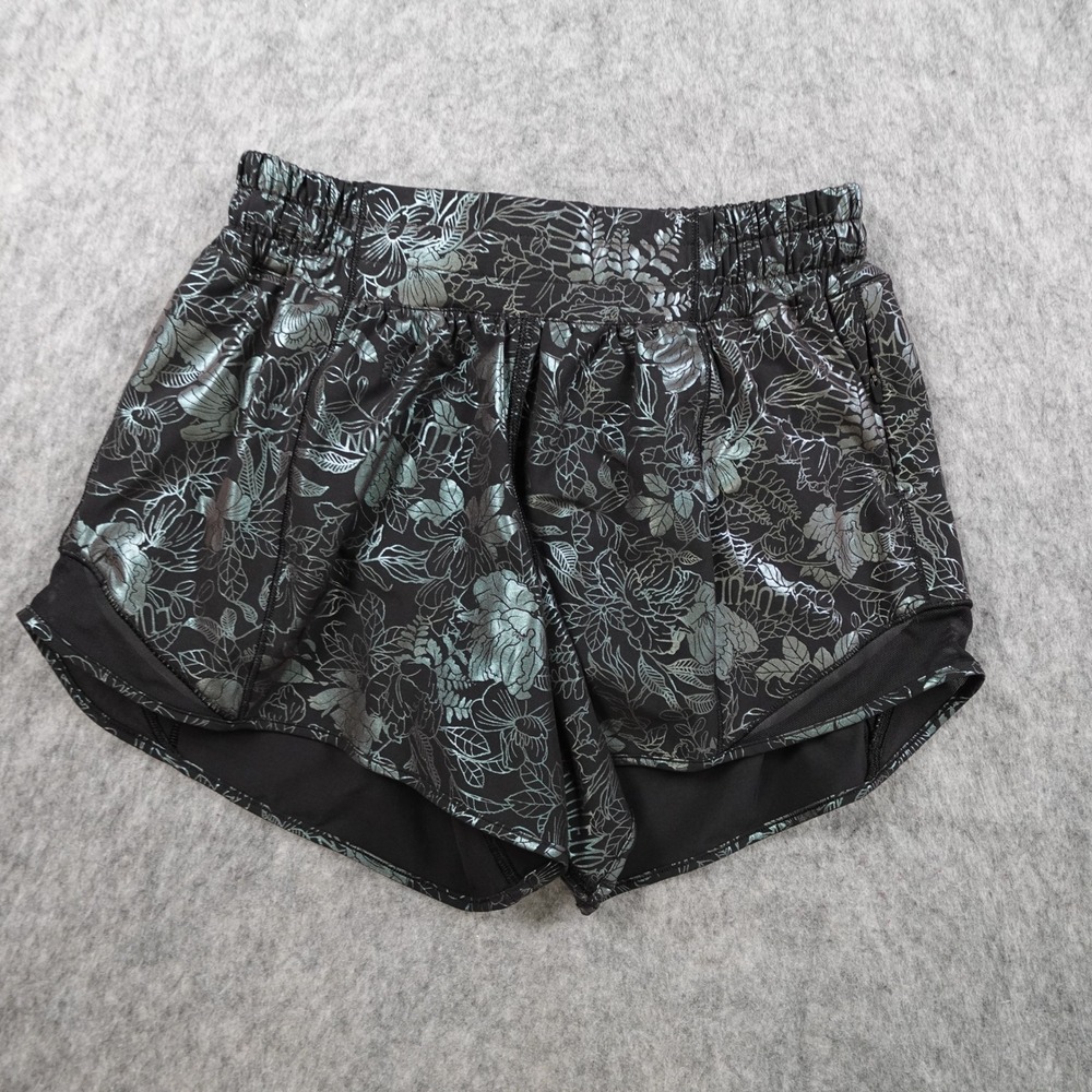 Lululemon Shorts Women 4 Black Hotty Hot Low Rise 4" Logo Floral Iridescent Foil